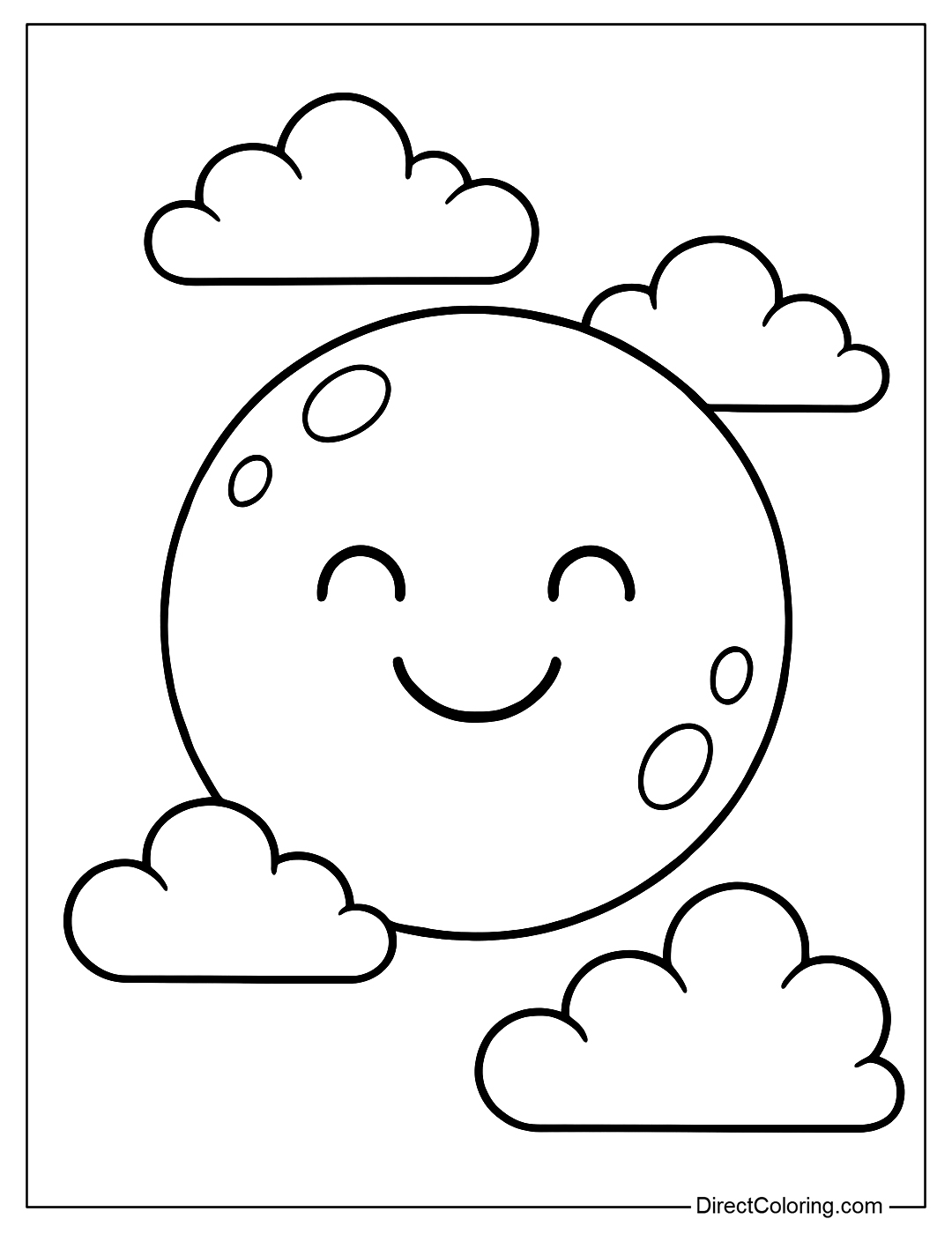 Coloring page of a full moon with a happy smiley face, white clouds floating around